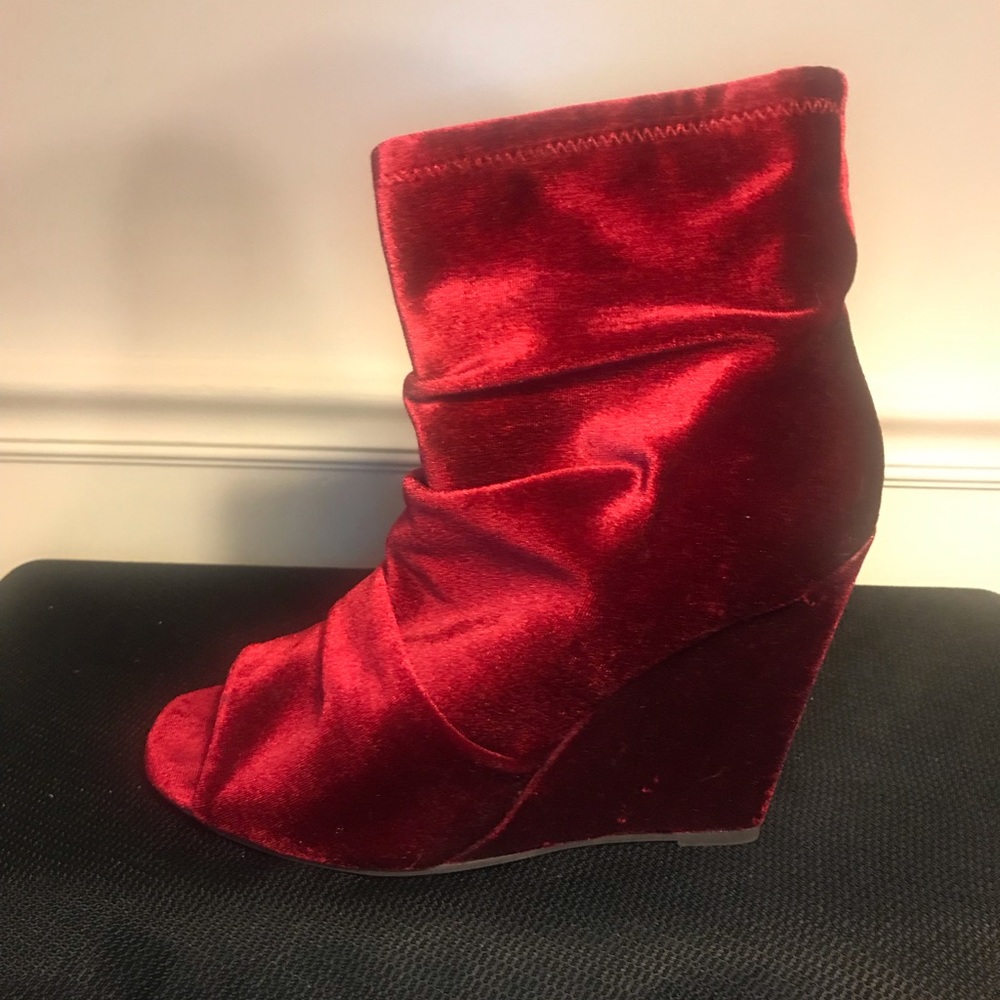 Red Velvet Wedge Peep Toe Booty